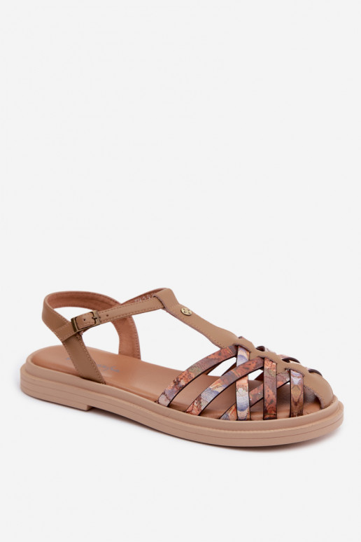 Sandales plates en cuir pour femmes avec brides couleur sable