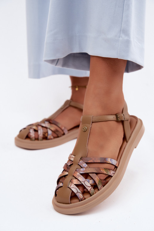 Leren platte sandalen voor vrouwen met bandjes in zandkleur