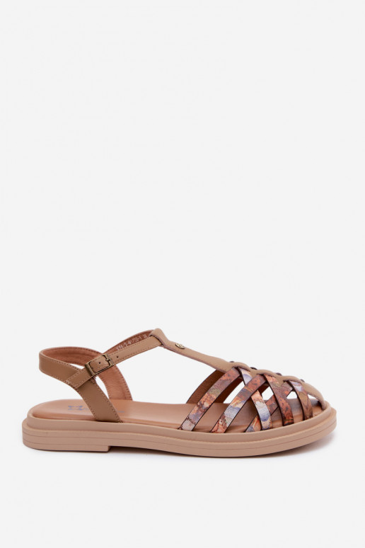 Leren platte sandalen voor vrouwen met bandjes in zandkleur