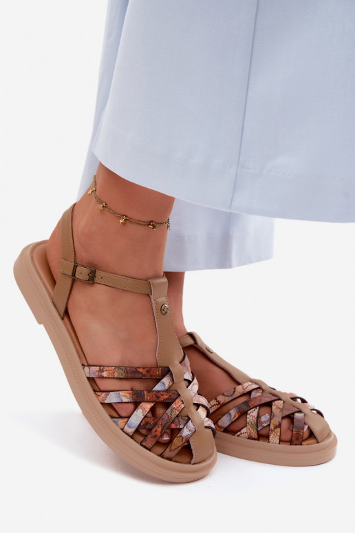 Leren platte sandalen voor vrouwen met bandjes in zandkleur
