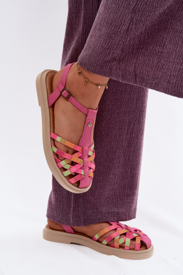 Leren platte sandalen voor vrouwen met bandjes in roze