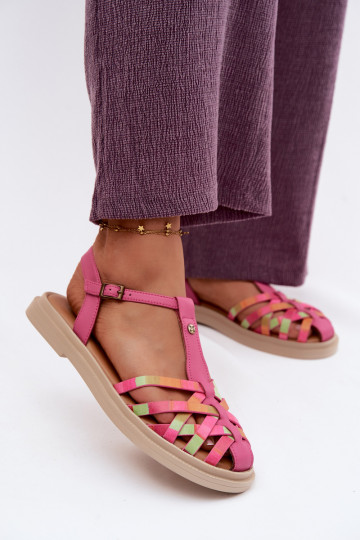 Haut Flache Sandalen für Damen mit Streifen Es mussciejka K7442-15 pinke Farbe 2