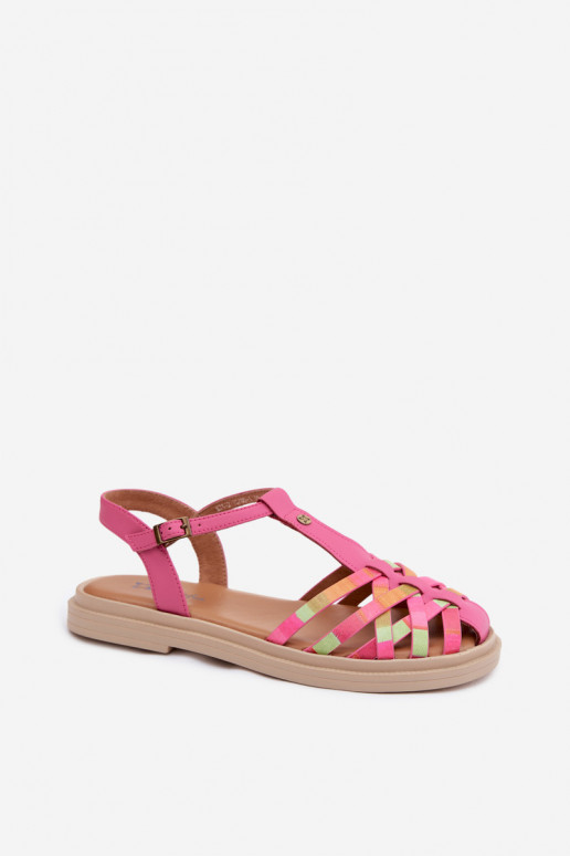 Lederne flache Sandalen für Frauen mit Riemen in Rosa