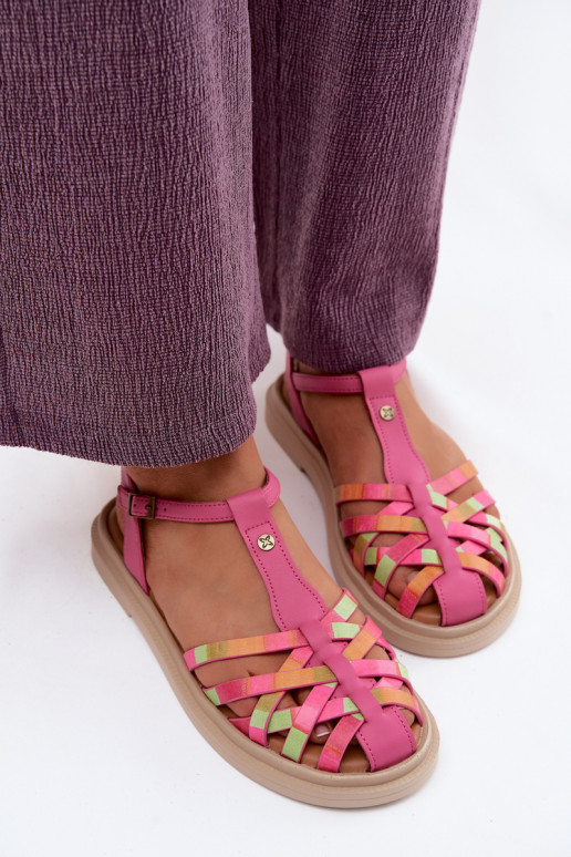 Leren platte sandalen voor vrouwen met bandjes in roze