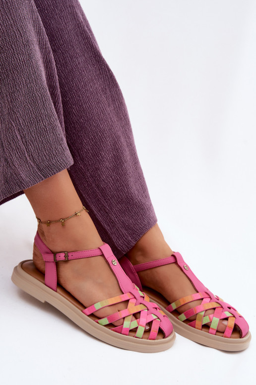 Sandales plates en cuir pour femmes avec brides roses