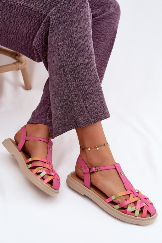 Leren platte sandalen voor vrouwen met bandjes in roze