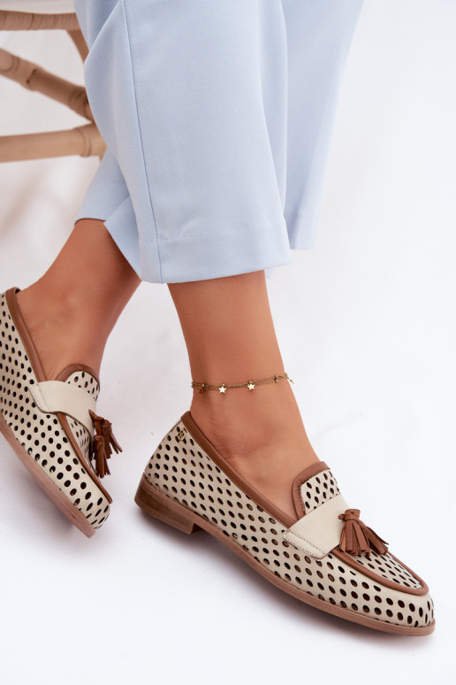 Leer met elementen van opengeInerkt schoenen dames mocassins Het heeftciejka HJ760-14 bruin-beige