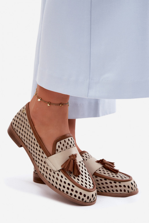 Leer met elementen van opengeInerkt schoenen dames mocassins Het heeftciejka HJ760-14 bruin-beige