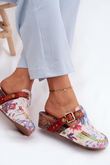 Leren dames slippers met platform en bloemen in verschillende kleuren