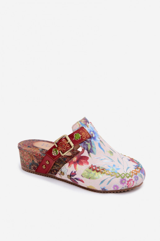 Leren dames slippers met platform en bloemen in verschillende kleuren