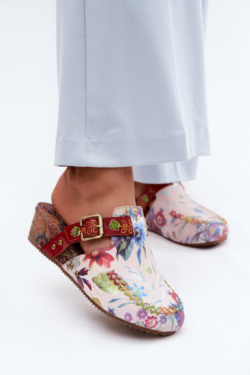 Leren dames slippers met platform en bloemen in verschillende kleuren
