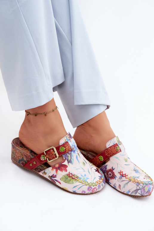 Leren dames slippers met platform en bloemen in verschillende kleuren