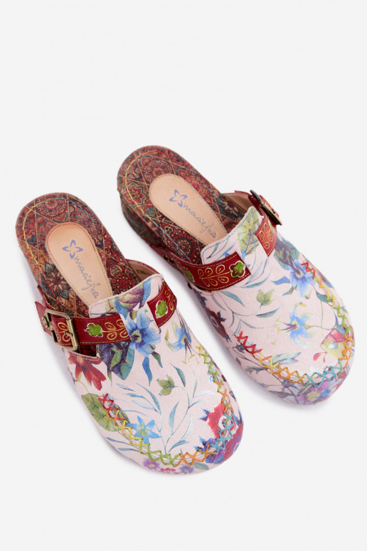 Chaussons en cuir pour femmes avec plateforme et fleurs de différentes couleurs