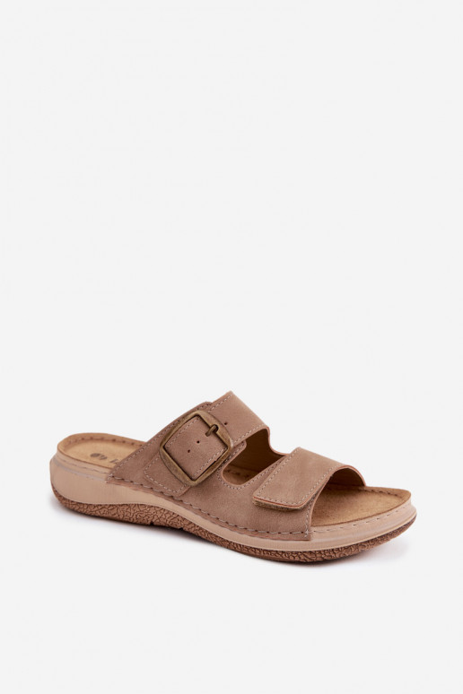 Dames slippers met gespen en plakkerige sluiting in bruin