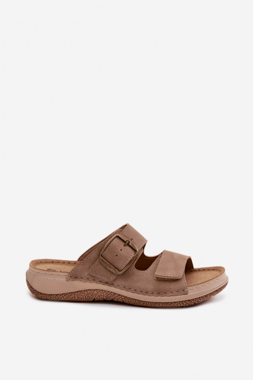 Dames slippers met gespen en plakkerige sluiting in bruin