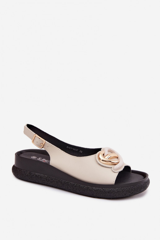 Leren platformsandalen met ornamenten in zandkleur