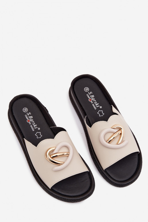 Leren slippers met decoratieve details S.Barski KV61-6046 zandkleur