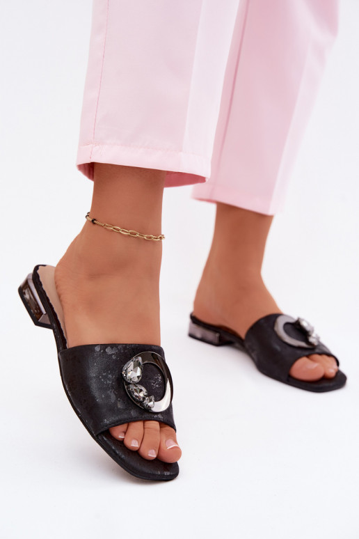 Chaussons pour femmes avec talons larges et ornements KV61-6025 couleur noire