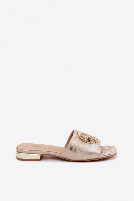 Chaussons pour femmes avec talons larges et ornements KV61-6025 couleur or