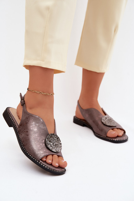 Damensandalen mit breiten Absätzen mit Ornamenten S.Barski KV61-6035 graue Farbe