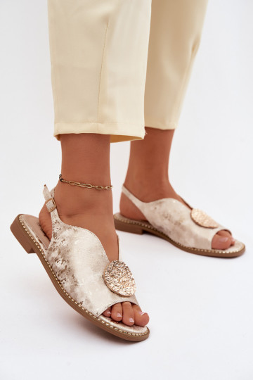 Dames sandalen met brede hakken en ornamenten S.Barski KV61-6035 gouden kleur 2