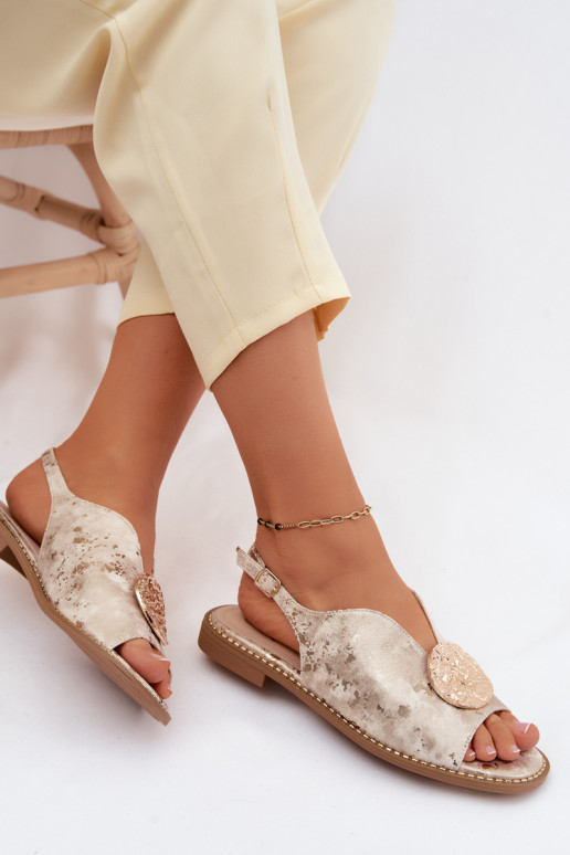 Dames sandalen met brede hakken met ornamenten S.Barski KV61-6035 gouden kleur