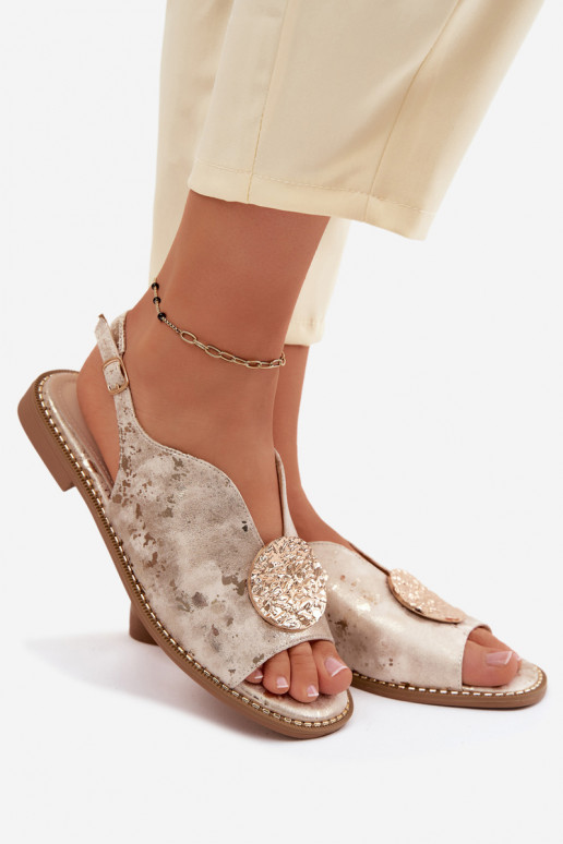 Dames sandalen met brede hakken met ornamenten S.Barski KV61-6035 gouden kleur