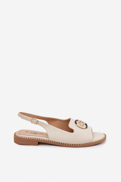 Dames sandalen met brede hakken en ornamenten S.Barski KV61-6037 crèmekleur