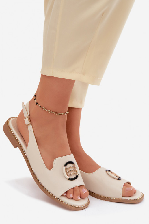Damen-Sandalen mit breiten Absätzen und Ornamenten S.Barski KV61-6037 cremefarben