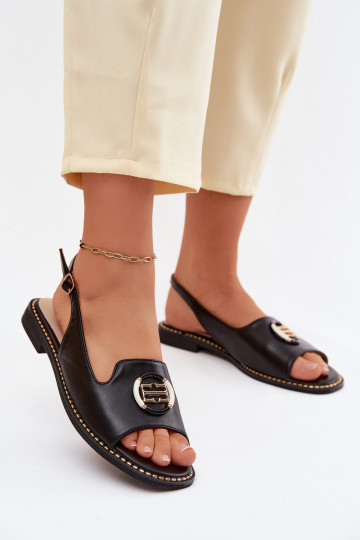 Sandales pour femmes avec des talons larges avec des ornements S.Barski KV61-6037 couleur noire