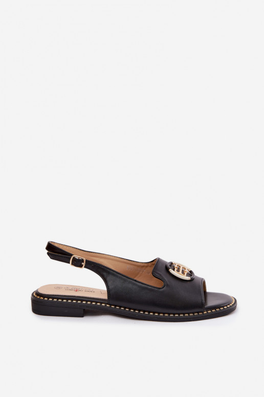 Sandales pour femmes avec talons larges et ornements S.Barski KV61-6037 couleur noire
