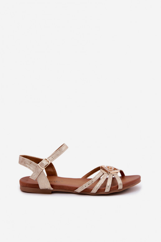 Flache Sandalen für Damen mit Streifen Und Dekoration S.Barski KV61-6056 goldene Farbe