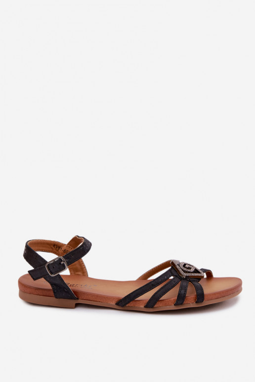 Flache Sandalen für Damen mit Riemen und Dekoration S.Barski KV61-6056 schwarz