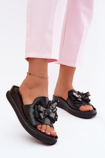 Dames slippers van natuurlijk leer met strikken S.Barski KV61-6061 zwarte kleur 2