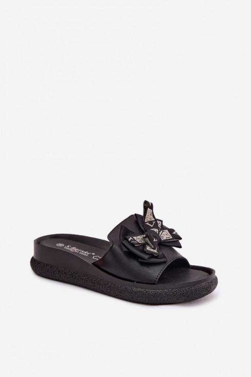 Damen-Pantoletten aus natürlichem Leder mit Schleifen S.Barski KV61-6061 schwarz