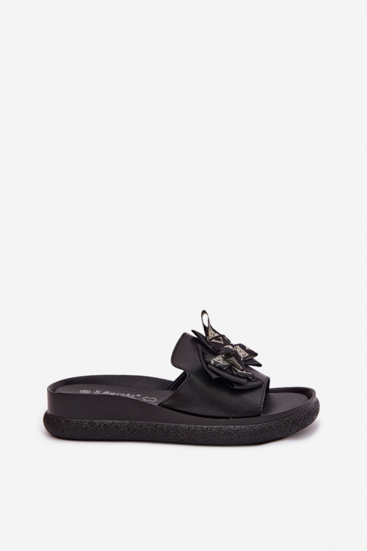 Damen-Pantoletten aus natürlichem Leder mit Schleifen S.Barski KV61-6061 schwarz