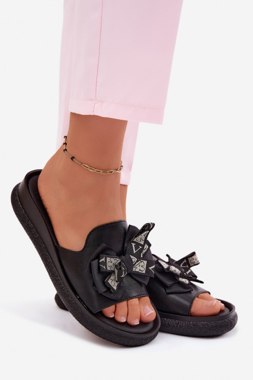 Chaussons pour femmes en cuir naturel avec nœuds S.Barski KV61-6061 couleur noire