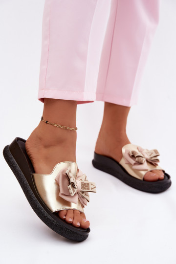 Pantoufles pour femmes Cuir naturel avec des rubans S.Barski KV61-6061 couleur dorée 2