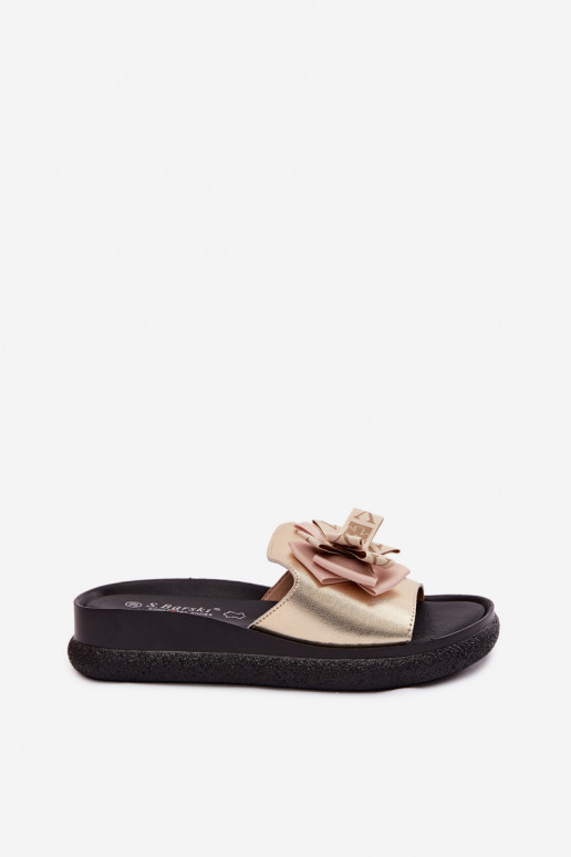 Damen-Pantoletten aus natürlichem Leder mit Schleifen S.Barski KV61-6061 goldfarben