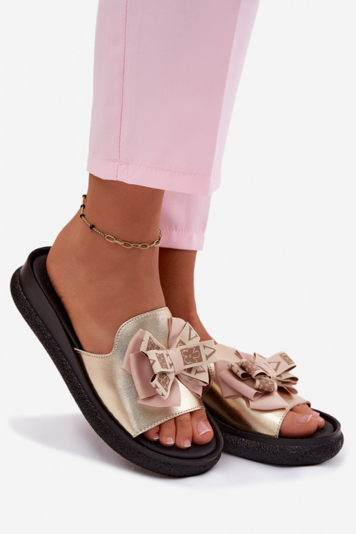 Dames slippers van natuurlijk leer met strikken S.Barski KV61-6061 gouden kleur