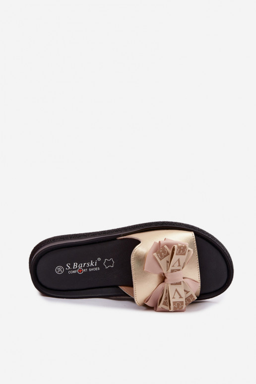 Chaussons pour femmes en cuir naturel avec nœuds S.Barski KV61-6061 couleur or