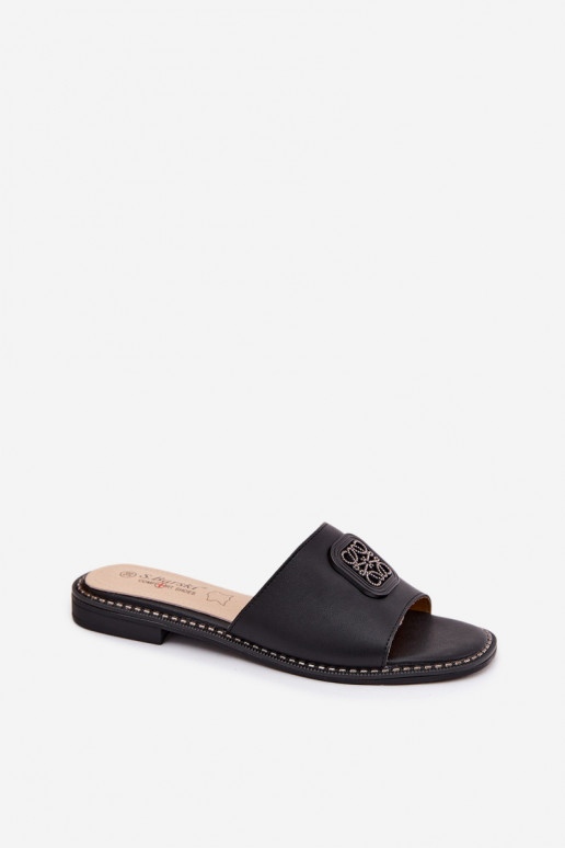 Slippers van natuurlijk leer met brede hakken en decoratie S.Barski KV61-6019 zwarte kleur