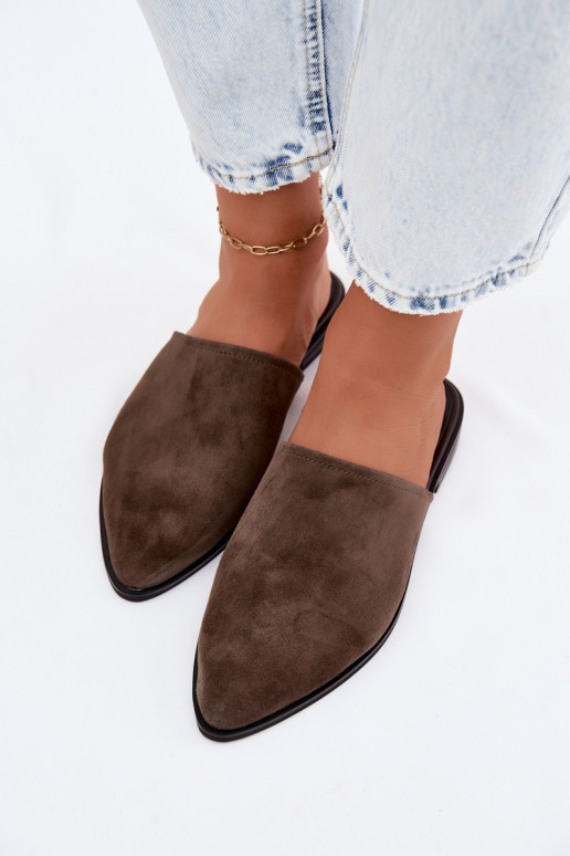 Leer Suede pantoffels Mule Dames plat D&A JC61-1004 kaki kleuren