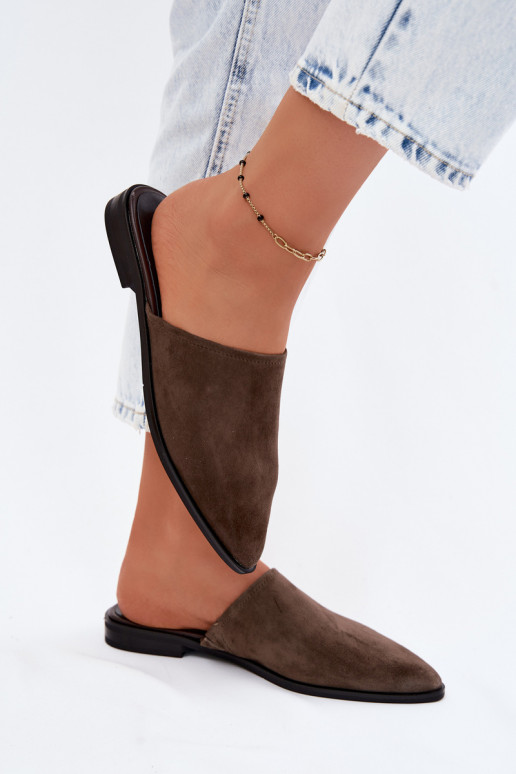 Leer Suede pantoffels Mule Dames plat D&A JC61-1004 kaki kleuren