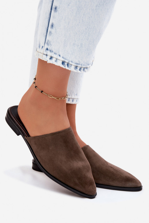 Leer Suede pantoffels Mule Dames plat D&A JC61-1004 kaki kleuren