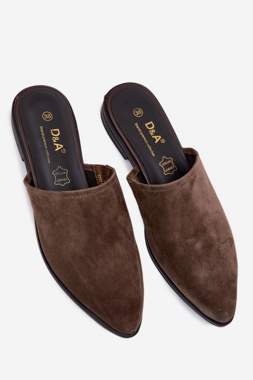 Leer Suede pantoffels Mule Dames plat D&A JC61-1004 kaki kleuren