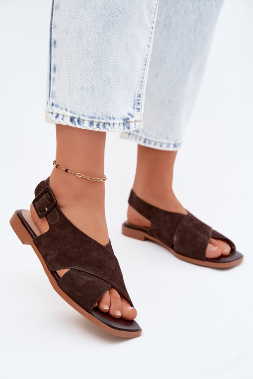 Leer Suède damessandalen met brede hakken D&A JC61-1001 CzekoladoIne