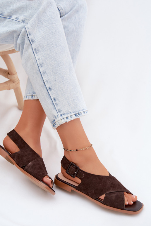 Leer Suède damessandalen met brede hakken D&A JC61-1001 CzekoladoIne