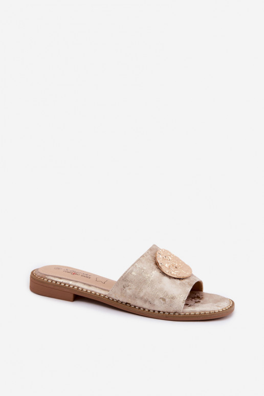 Pantoufles pour femmes Avec des décorations Detalem avec des talons larges KV61-6034 couleur dorée