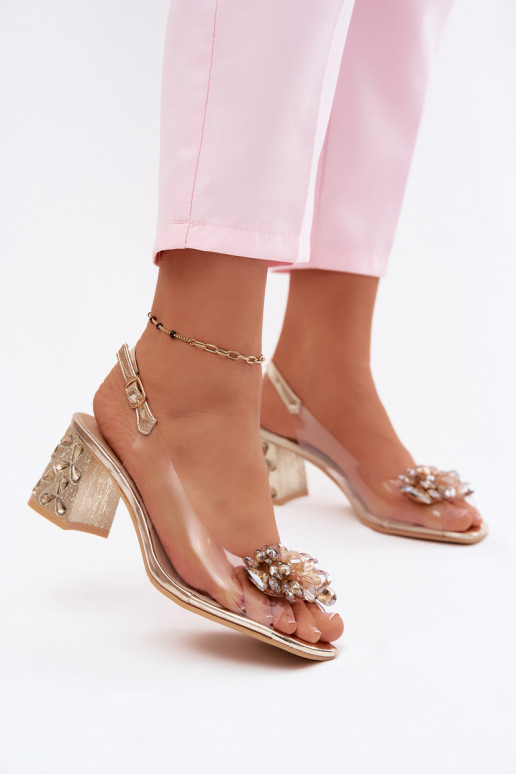 Transparante sandalen met fonkelende edelstenen op de hak S.Barski KV61-6068 goudkleurig